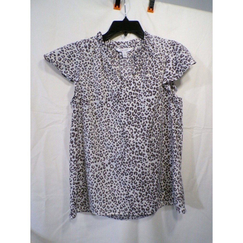 Nine West Women's Animal Print Flutter Sleeve V-Neck Blouse S